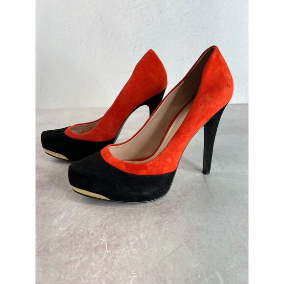 BCBGeneration Women Red Black Suede Leather High Heels Size 9 39 Mod‎ Edgy - Picture 1 of 14